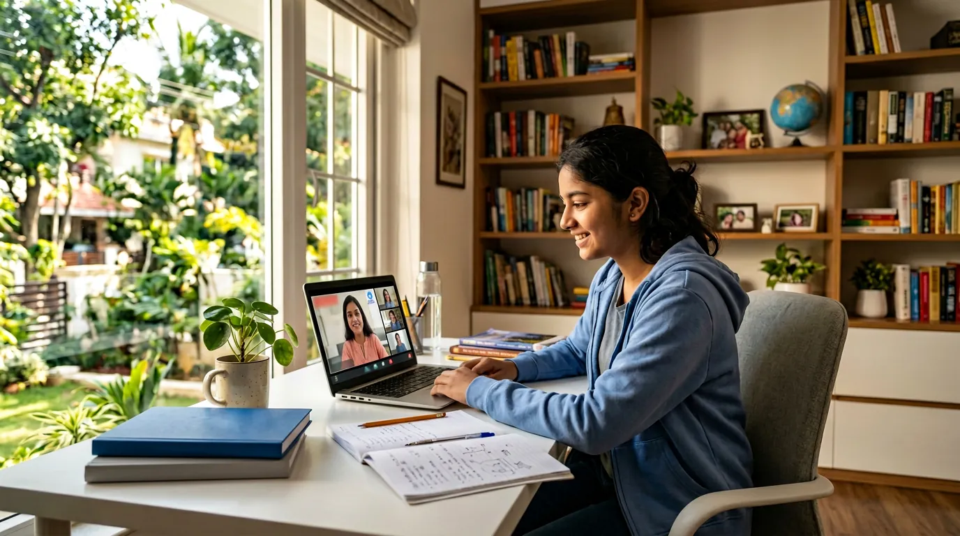 Kerala student attending a live online tuition class from home